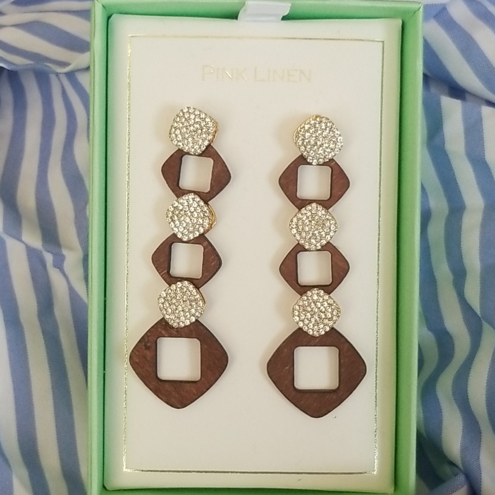 Pink Linen Wood and Rhinestone Earrings